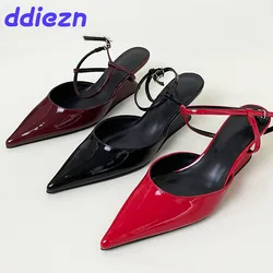 Female Footwear New In Wedges Heels Sandals Shoes For Women Ankle Buckle Strap Fashion Pointed Toe Ladies Medium Heels Shoes