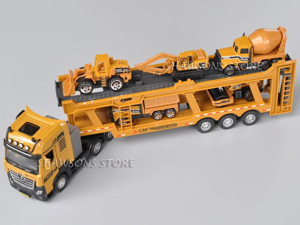 1:50 Diecast Model Truck Toy Tractor and Car Transporter Semi-Trailer With 5 Engineering Vehicles Miniature Replica Playset