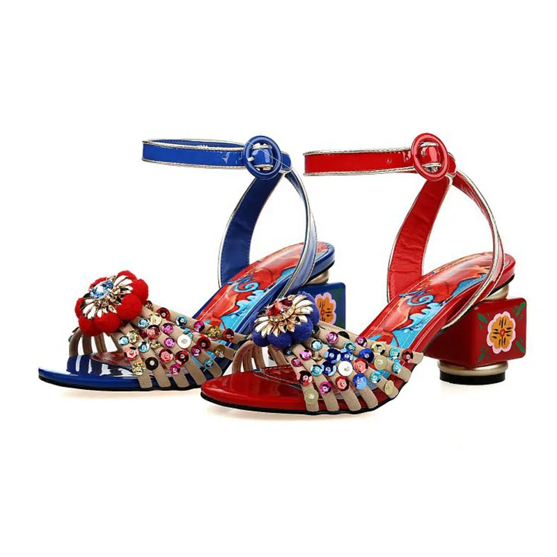 Bohemia Print Floral Chunky Heel Sandalias Female Blue Red Prom Wedding Shoes Woman Ankle Strap Sequins Rhinestone Sandals