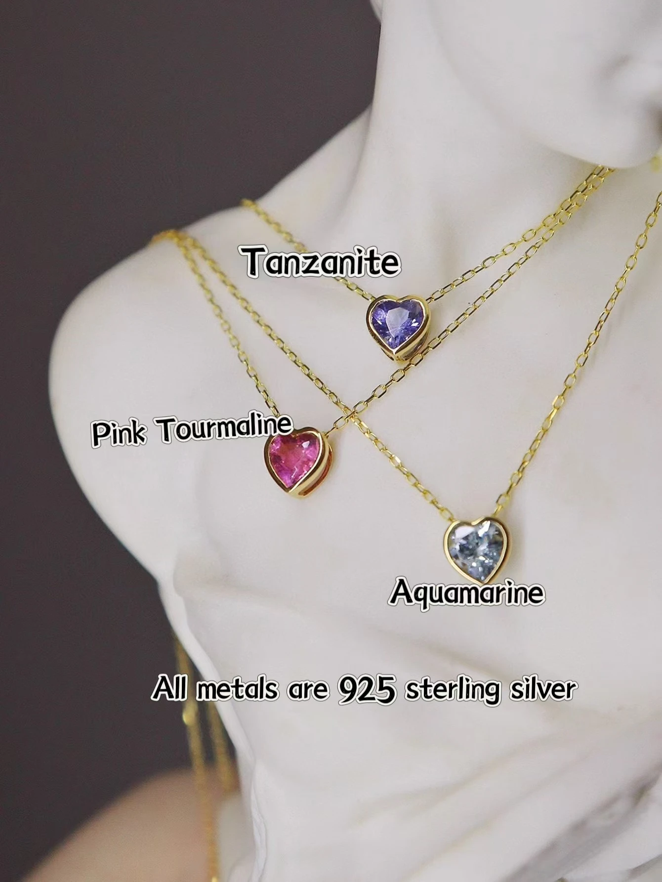 

925 Silver Natural Tanzanite Aquamarine Pink Tourmaline Heart Charm Pendant Silver Choker Necklace 14K Gold Gemstones Jewelry