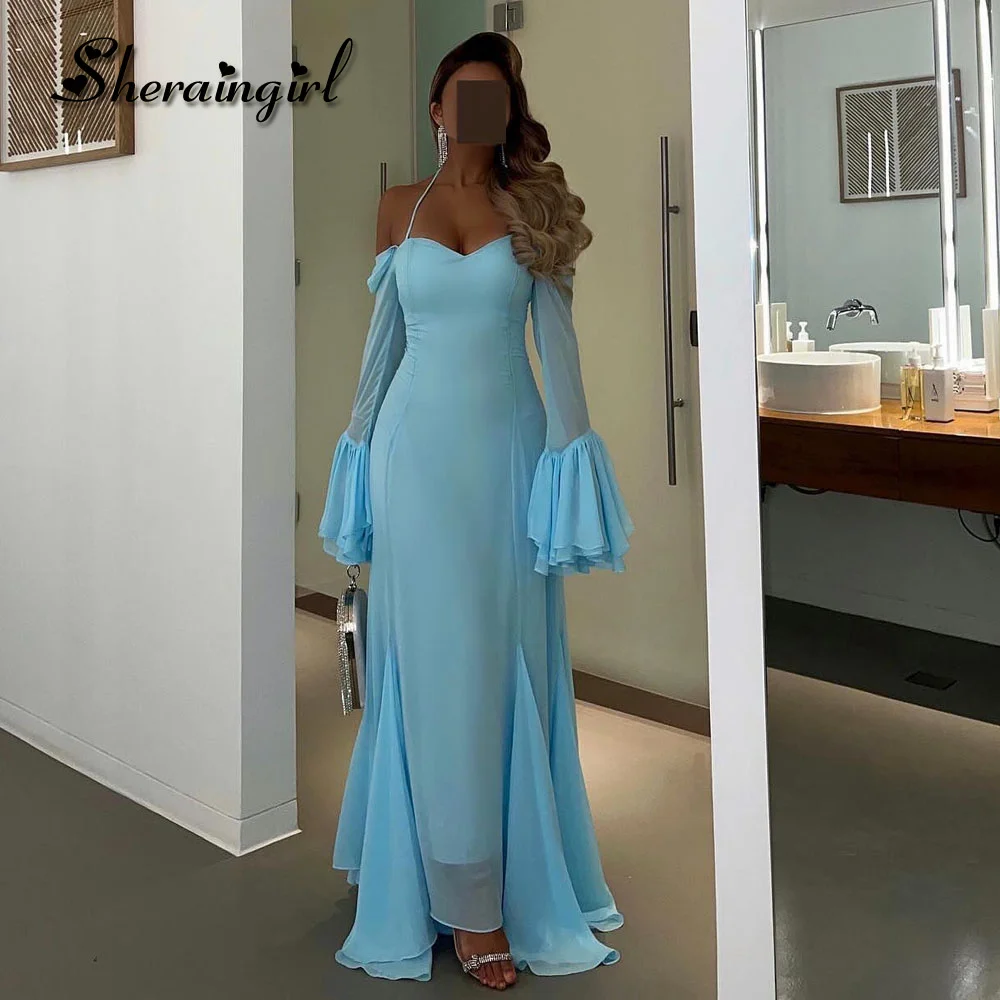 

SHERAIN Trendy Attractive Prom Dresses Halter Flare Sleeves Ruffles Tight Bust Vestidos Elegantes Para Mujeres Customized