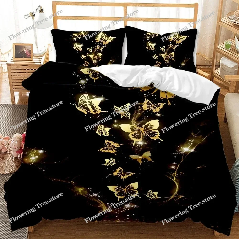 Golden Butterfly Pretty Blue Butterfly Bedding Set Boys Girls Twin Queen Size Duvet Cover Pillowcase Bed Kids Adult