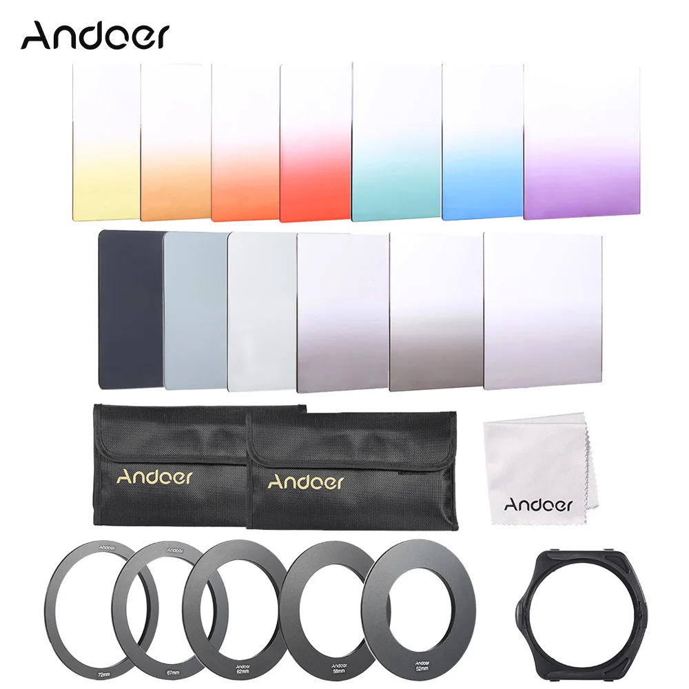 Andoer ND lens 13pcs Square Gradient Full Color Filter Bundle Kit for Cokin P Series with Filter Holder + Adapter Ring