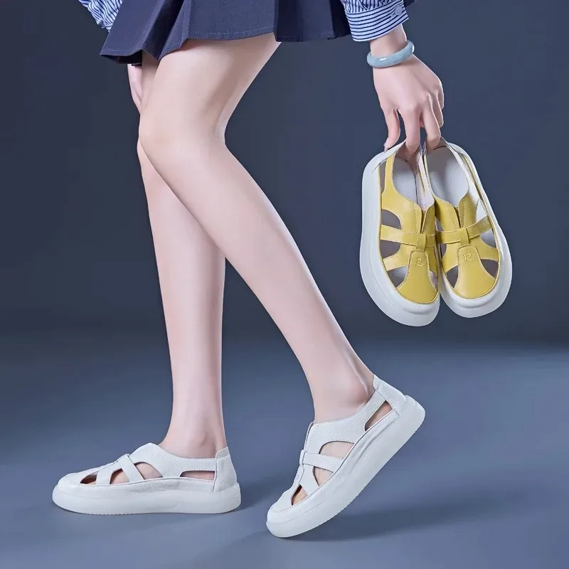 Women's Leather Sandals Breathable Hollow Out Platform Sandals Comfortable Non-slip Casual Walking Shoes for Ladies 2026 Summer view 4