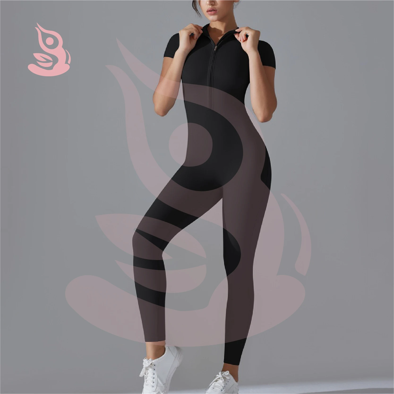 

New Tight Fitting High Elasticity Short Sleeved Jumpsuit for Sports Fitness Running Zipper Nine Part Jumpsuit Pants Yoga Suit