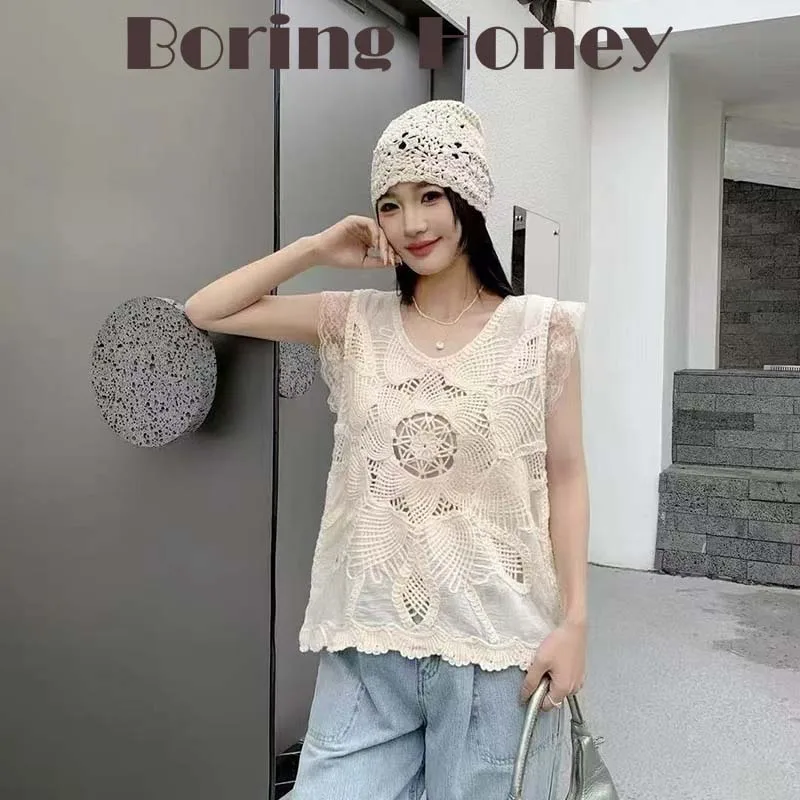 Boring Honey Embroidered Crocheted Hollow Design Sense Vest O-Neck Sleeveless Vest Female New Temperament All-Match Top Women