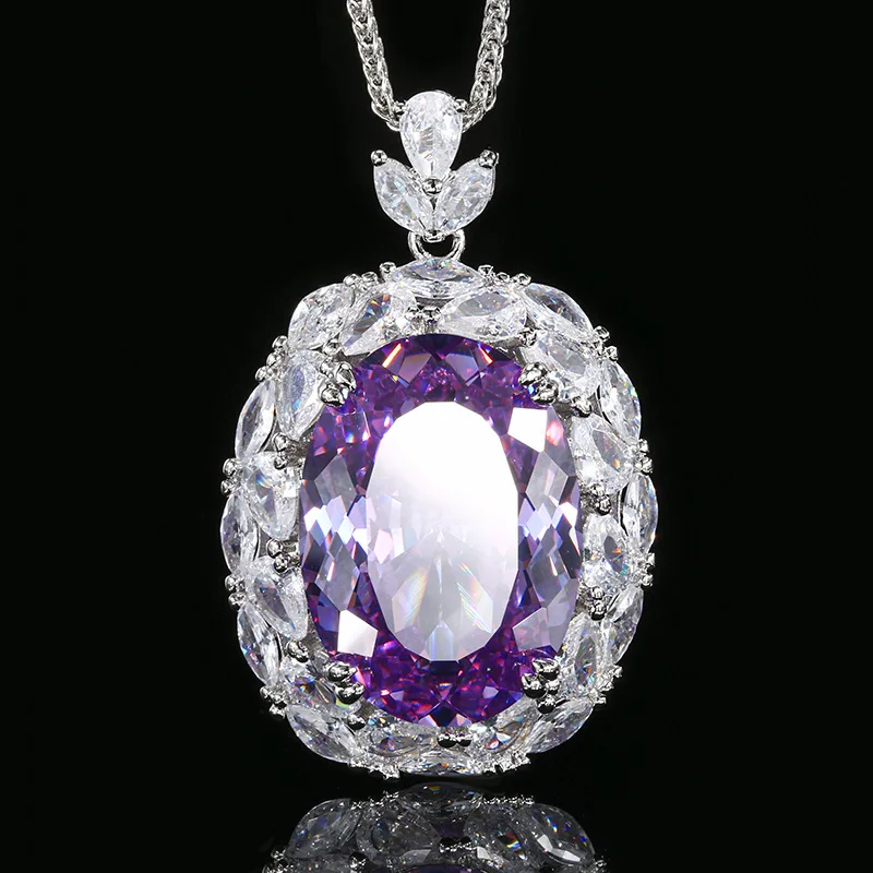 

Purple Oval Wheat Ears Cut Cubic Zirconia Halo Pendant Necklace Luxury Jewelry for Women Elegant Wedding Party Accessory Gift