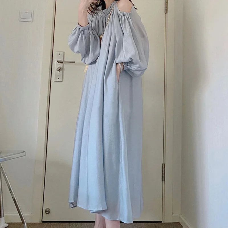 Sweet Loose Folds Off Shoulder Lantern Sleeve Long Dress Female Clothing 2023 Spring Summer New Korean Asymmetrical Sexy Dress