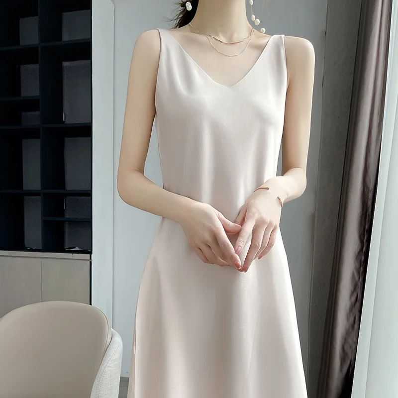 Envoltório de cetim de seda Dr feminino verão novo Sle V-ne Svel A-line Midi Dr cintura alta camada base de cor pura