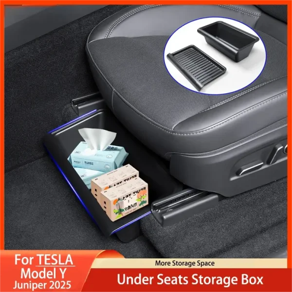 For Tesla Model Y Juniper 2025+ Under Seat Storage Box Drawer Holder TPE Hidden Storage Tray Push Pull Car Organizer Accessories