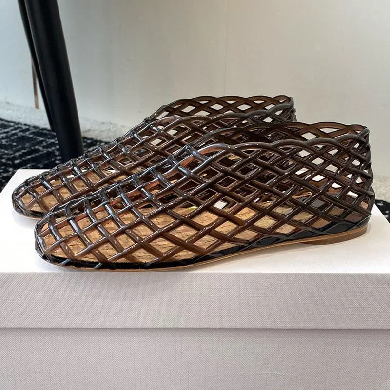 Nowe tkane siatkowe mieszkania baletowe sandały damskie Fashion Design plastikowe galaretki pojedyncze buty okrągłe Toe przezroczyste puste buty na