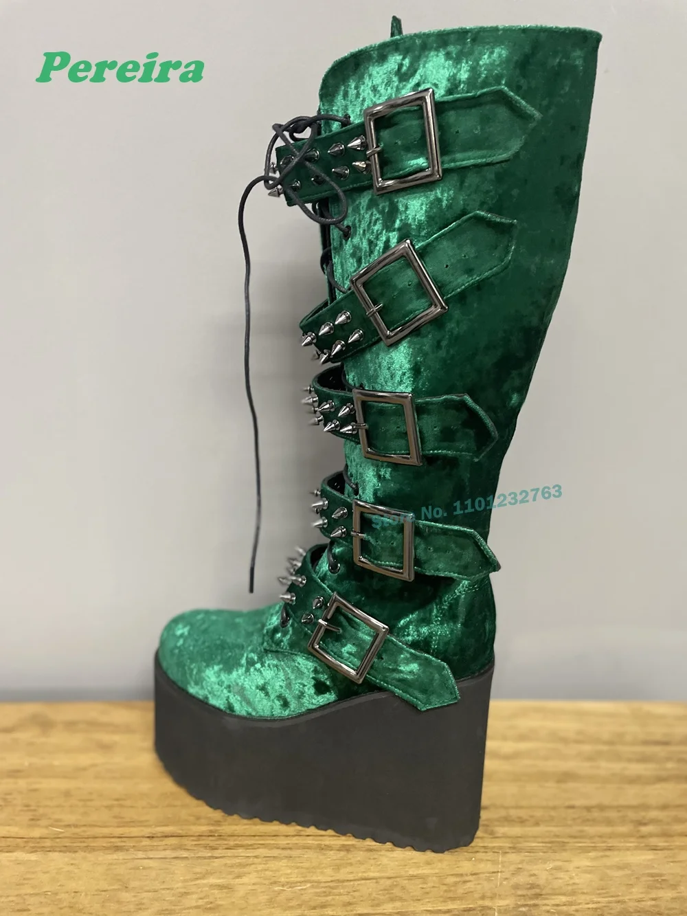 Green Rivet Punk Boots Wedges Platform Belt Buckle Knee High Women\'s Boots Couple Gothic Stud Height Increasing Shoes Casual