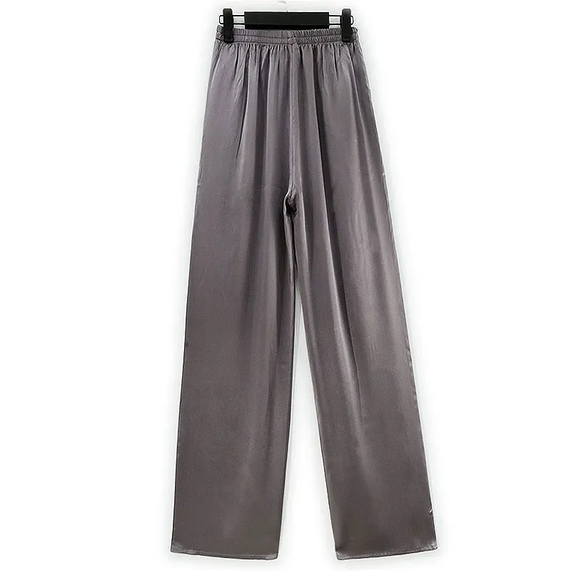 2025 Frauen Herbst Neue Schwere 100 % Natürliche Maulbeerseide Satin Tiefgrau Elastische Taille Tasche Design Beiläufige Gerade Hosen