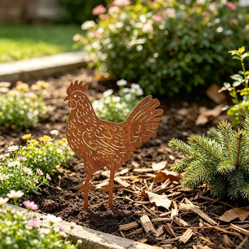The metal hen design uses the mottled texture of rust to create a sense of time's passage，Artistic decorative ground insert