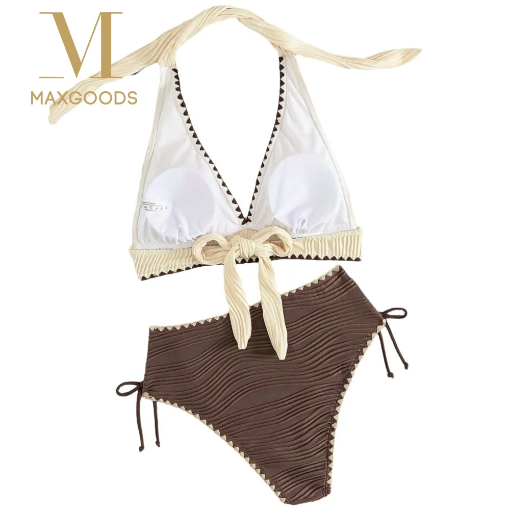

Fashion Contrast Color Bikini Set High Waist with Chest Pad Beachwear Sleeveless Two Piece Swimsuit Holiday