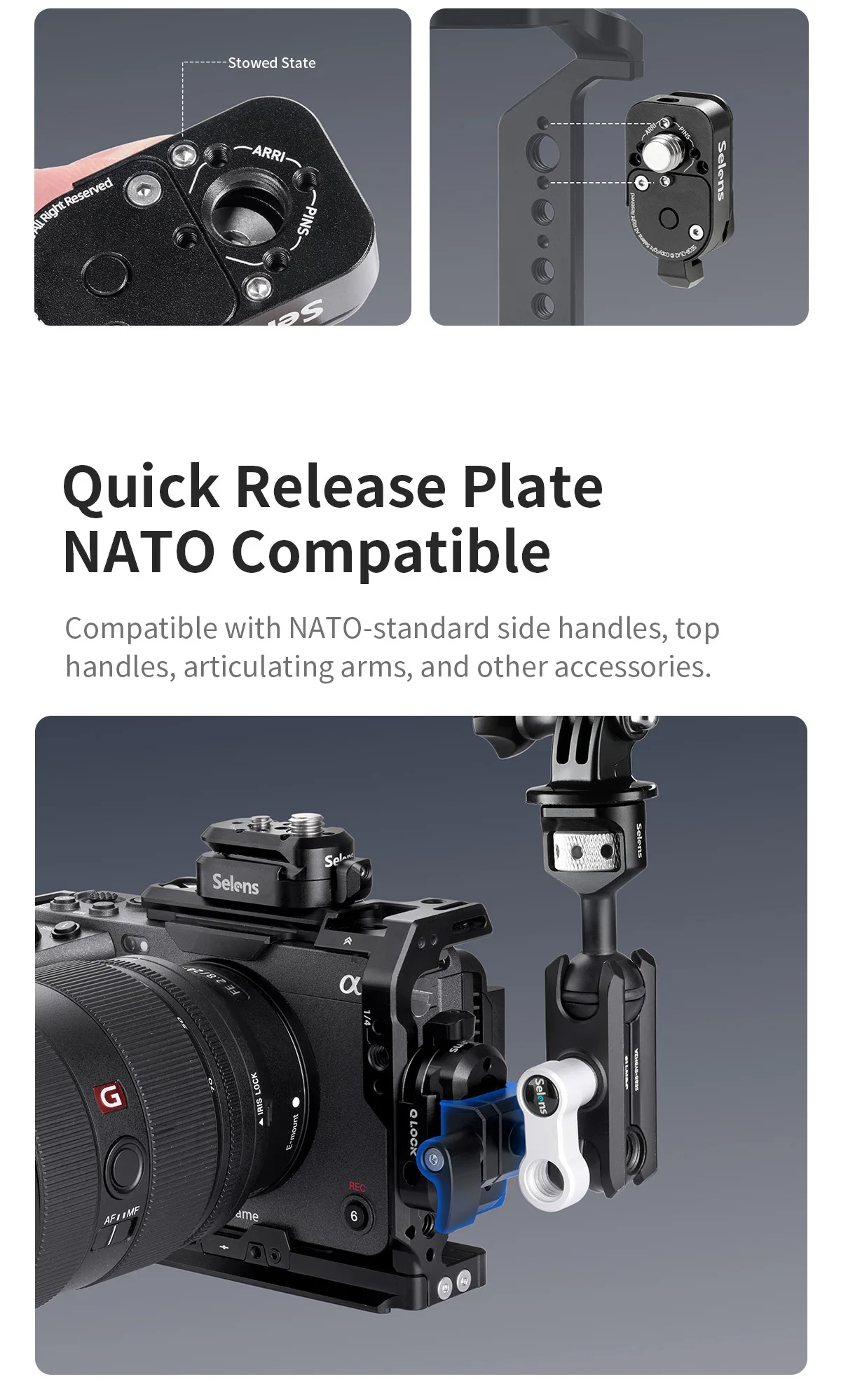 Selens Alu-Legierung Q-Lock Mini Schnellmontage-Kit mit mehreren 1/4-, 3/8- und ARRI-Positionierungslöchern für NATO-Verlängerungen an Käfigen, Magic Arm – Detail 8
