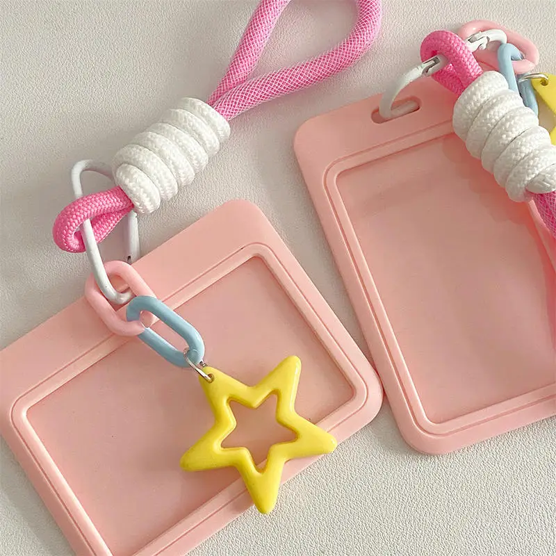 

Spring Rope Card Case Pink Color Heart Photocard Holder Credit ID Bank Card Holder Bus Card Protective Case Card Bag Pendant
