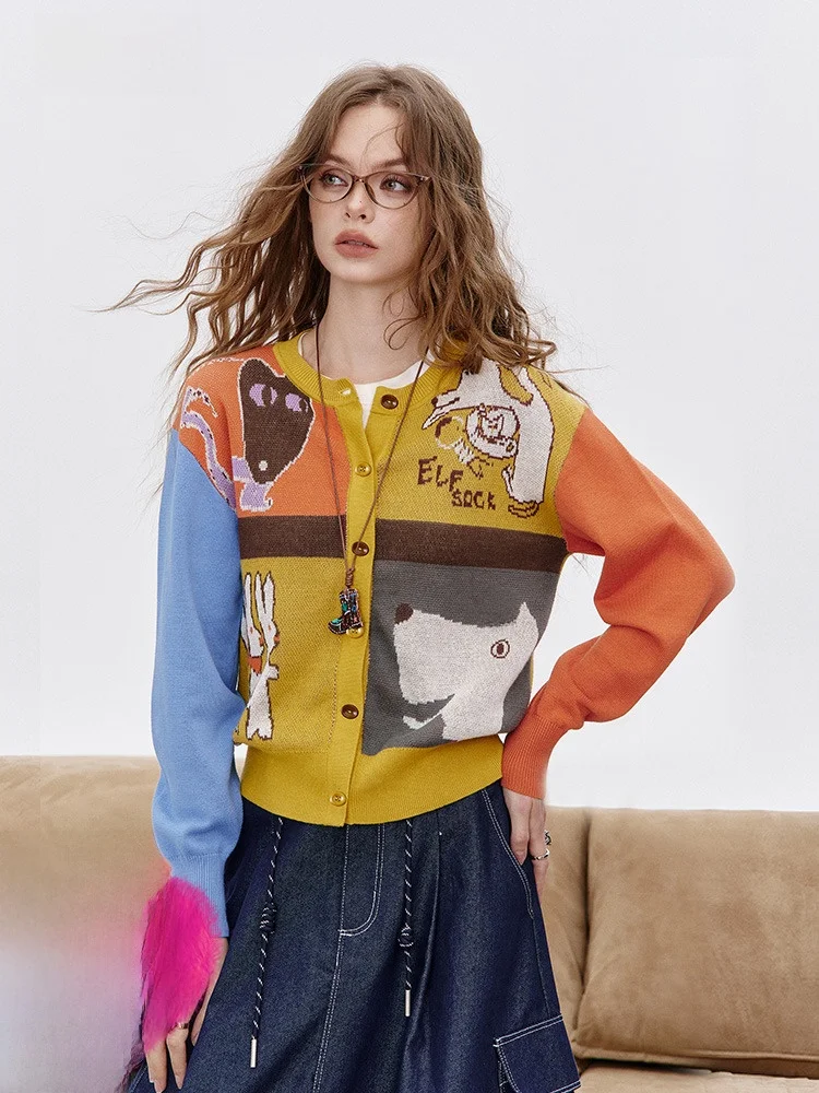 

Cartoon Knitted Open Cardigan Women's Faion Design Color Colion Elf ket Life Sle Casual Cotton Long Sve Top