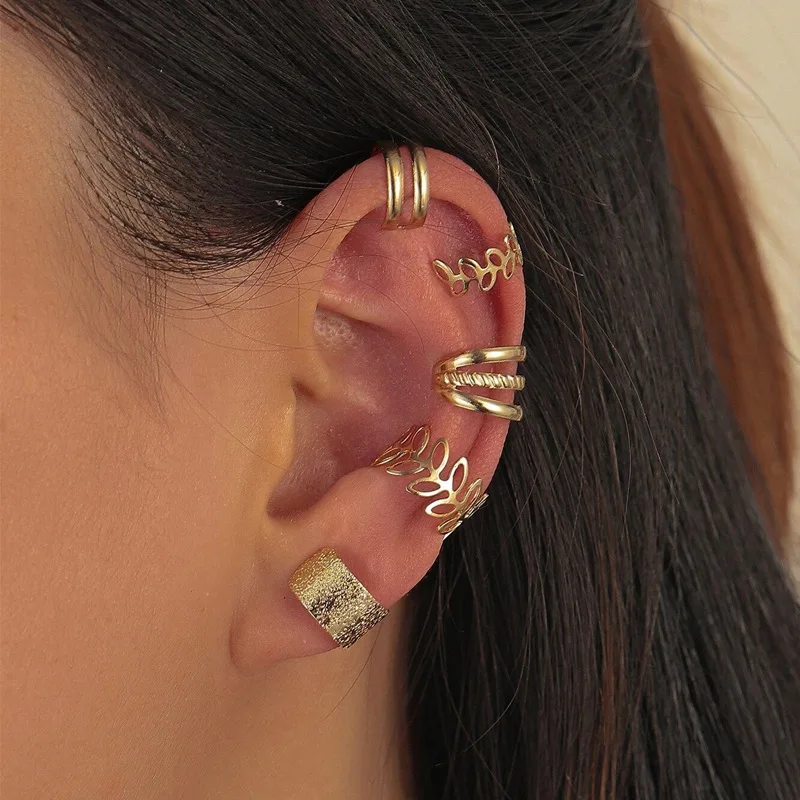 Women Ear Cuff Set Punk Style Personality Clip Earrings Gold Color Non-Piercing Ear Clips Fake Cartilage Earrings