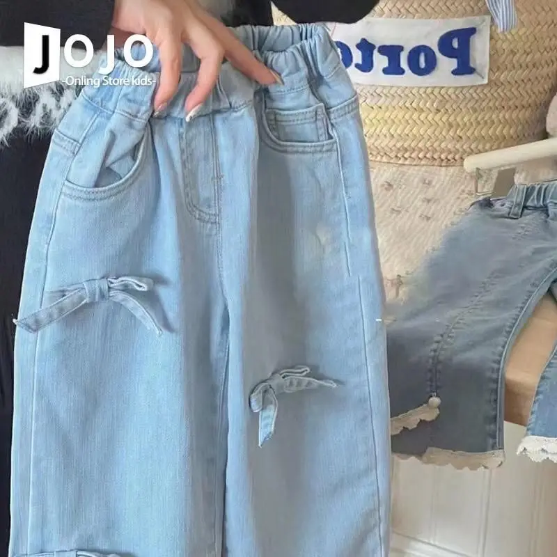 Korean Style Girls' Pants Spring Fashion Western-style Children's Bow Jeans Women's Treasure Wide Leg Pants Straight Leg Pants