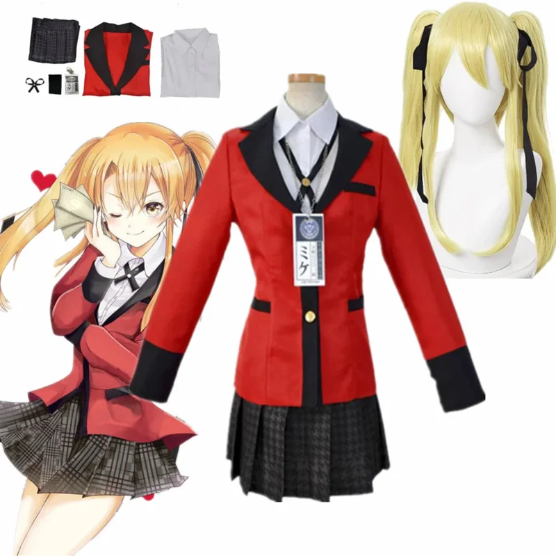 Anime Meari Saotome Kakegurui Compulsive Gambler Cosplay Costume School Uniforms Set Cosplay Costume Red Coat Gold Wig OI1716