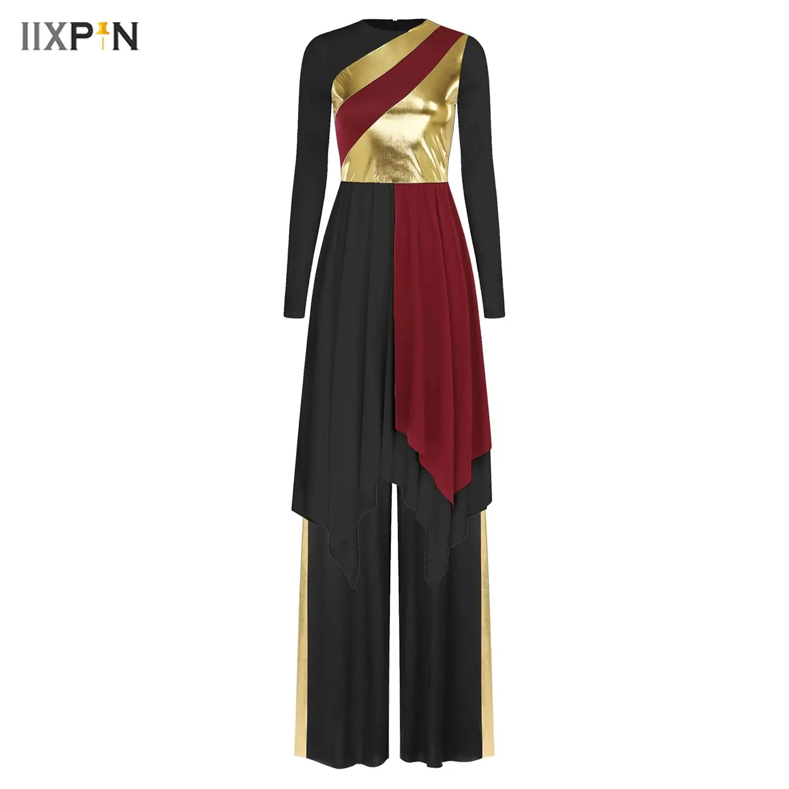 

2Pcs Women Liturgical Praise Dance Dress Lyrical Worship Dancewear Long Sleeve Metallic Contrast Color Asymmetrical Dress+Pants