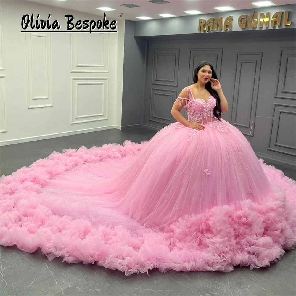 Charming Pink Appliques Quinceanera Dress TasselTulle Ruched Train Ball Gown Mexican Wedding vestidos de 15 años Customized