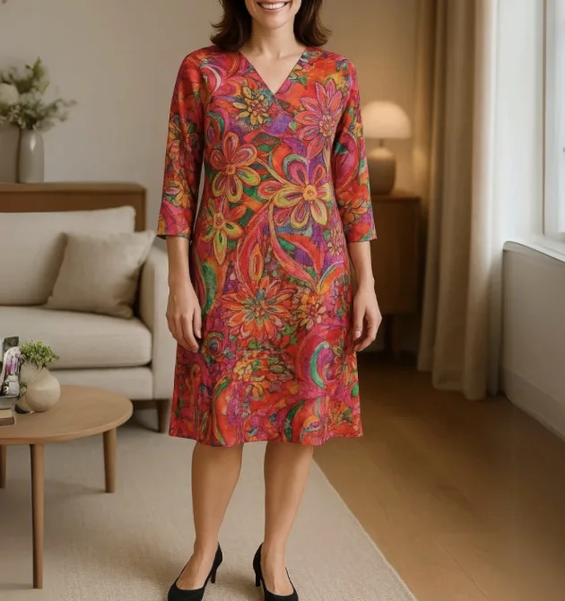 Dames shirtjurk zomermode comfortabele casual V-hals bloemen 3D bedrukte mouwlengte jurk