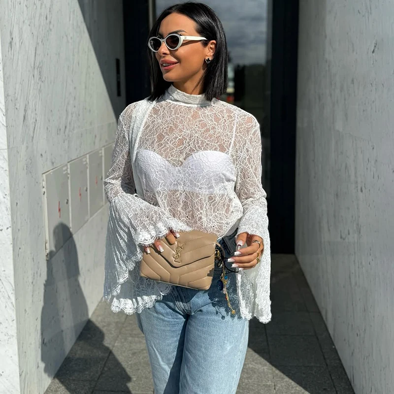 Tornova Sexy Spitze Damen T-Shirt Rüschenärmel Band Bluse Mode Pullover Top 2025, Herbst Winter Casual Büro Dame T-Shirt