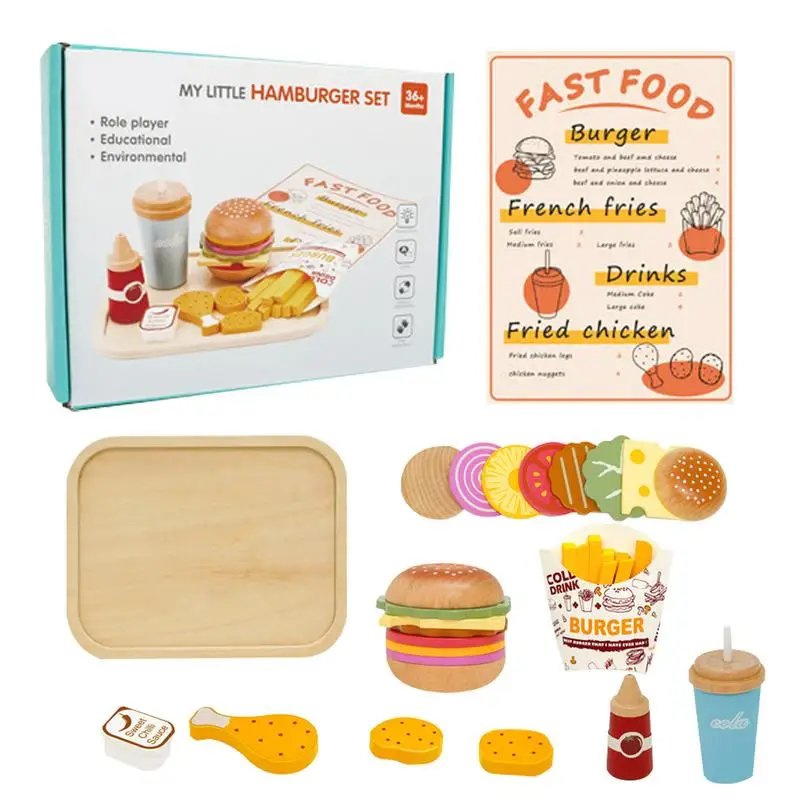 Set di giocattoli per fast food in legno Hamburger Patatine fritte Pollo fritto Bevande Gioca Accessori da cucina Hamburger Patatine fritte Pollo fritto