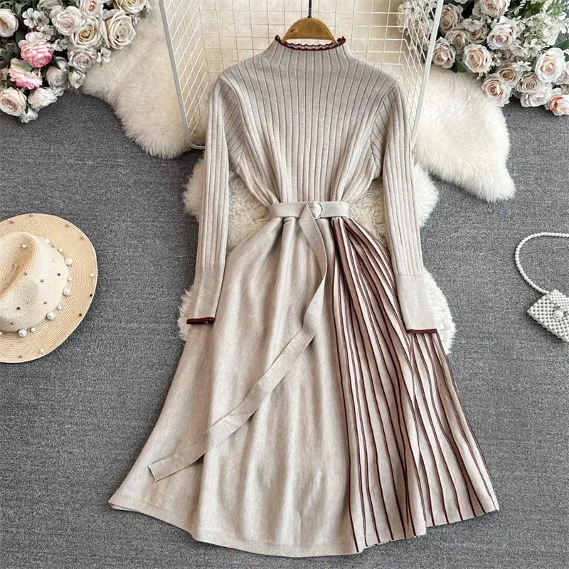 

Korean Sweater Dress For Women 2023 Autumn/Winter Retro Half High Neck Slim Lace Up A-Line Knited Pleated Dress Midi Z3607