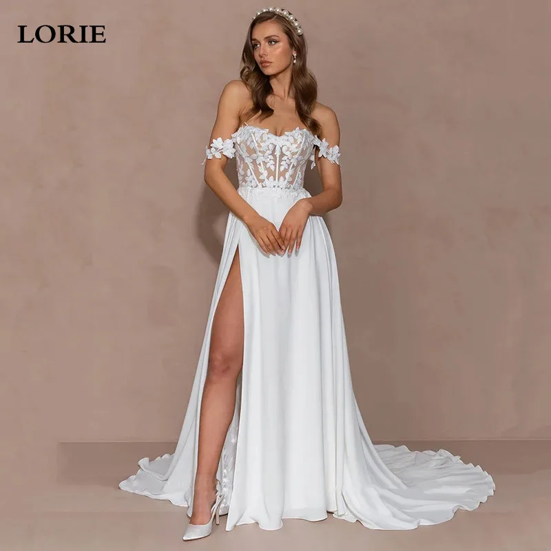 LORIE-vestidos de novia bohemios de encaje, línea A, gasa, hombros descubiertos, abertura lateral, Vintage, 2024