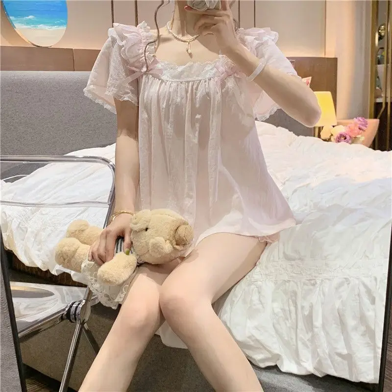 Ruffles Sleepwear Women Pajama Sets Korean Piiama Sets 2 Pieces Lace Night Wears Short Sleeve Pyjamas Summer Home Suit 2024 New