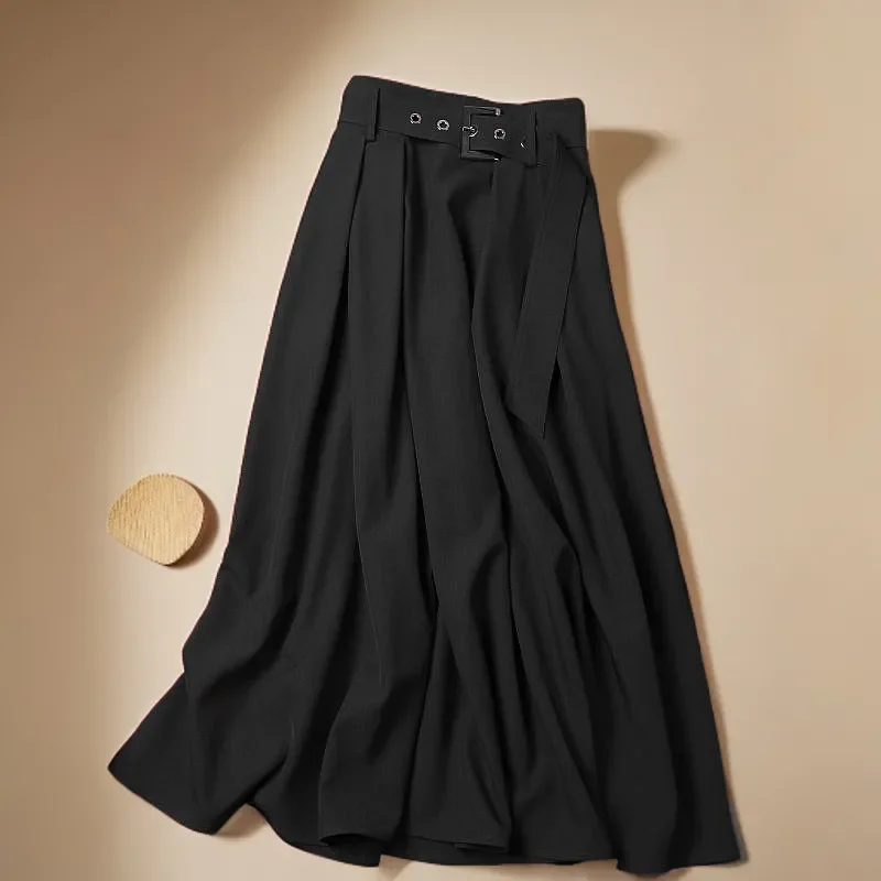

Женская весенняя черная юбка макси с высокой талией, плиссированная, А-силуэта, струящаяся, офисная юбка с поясом