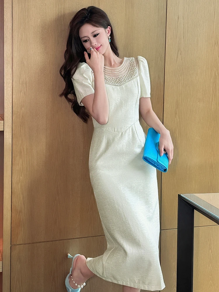 Vêtements pour femmes de luxe hôte Robe d'anniversaire Femme élégante exquise perle mince Robe mi-longue Femme robes de bal dame Banquet fête