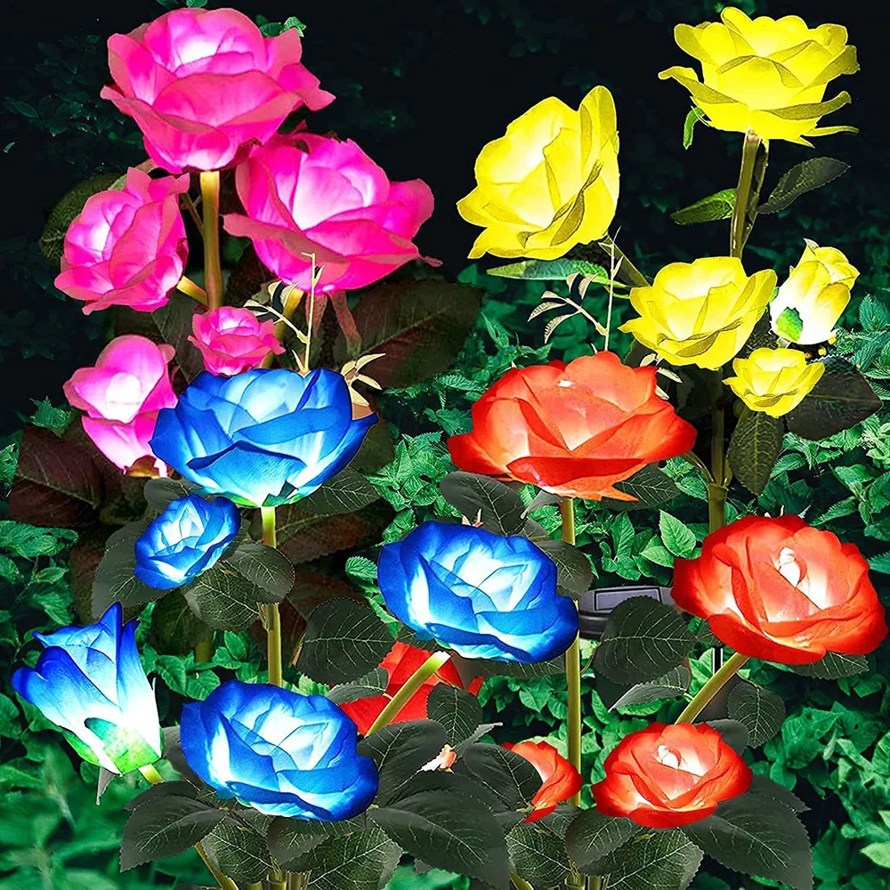 5 Heads Solar Lights Outdoor Decorative Solar Garden Lights Rose Flower Lawn Lamp for Yard Patio Garden Decor