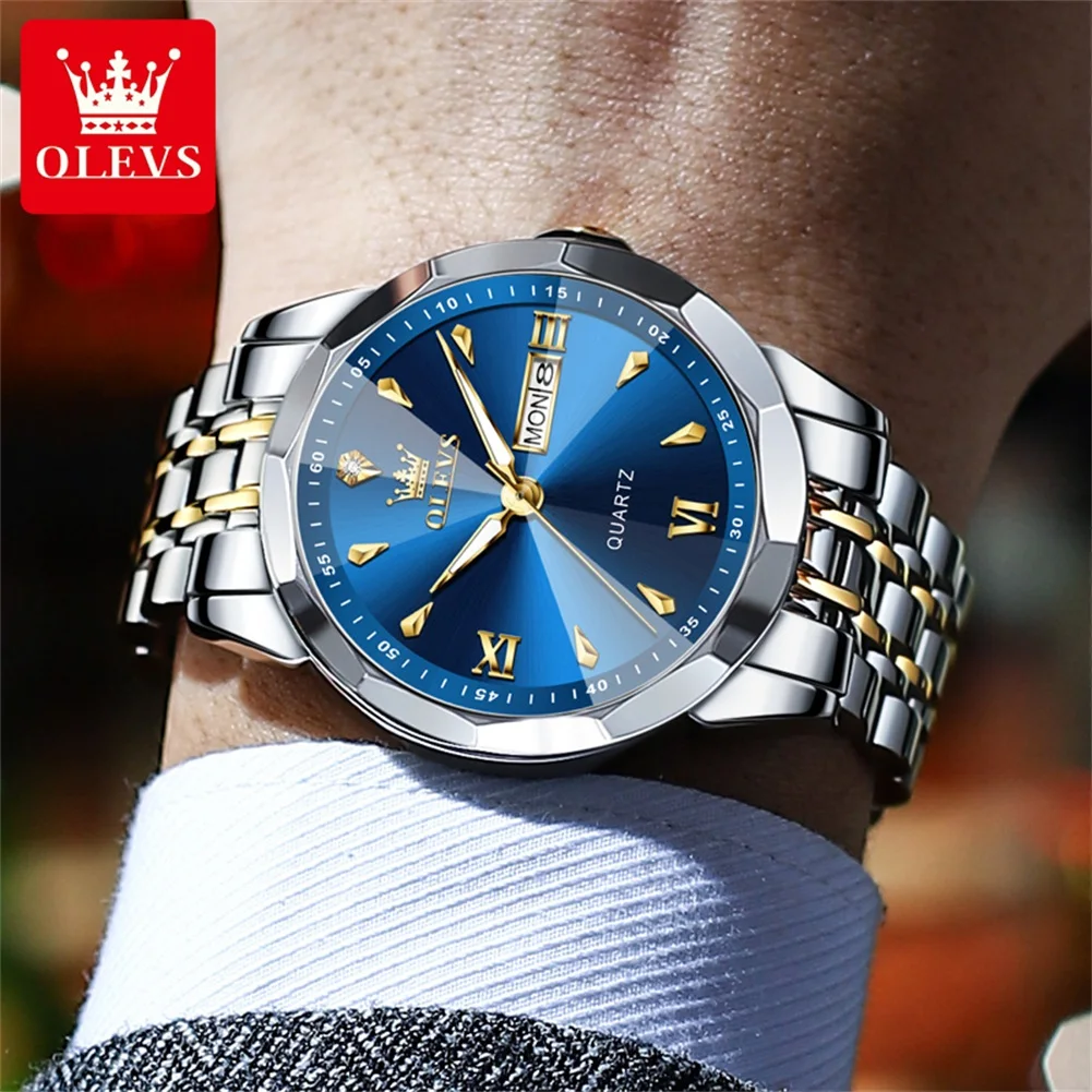 OLEVS 9998 High end Men Watch Fashion Business Rhombus Mirror Waterproof Double Calendar Quartz Watch Luxury Brand Men Watch