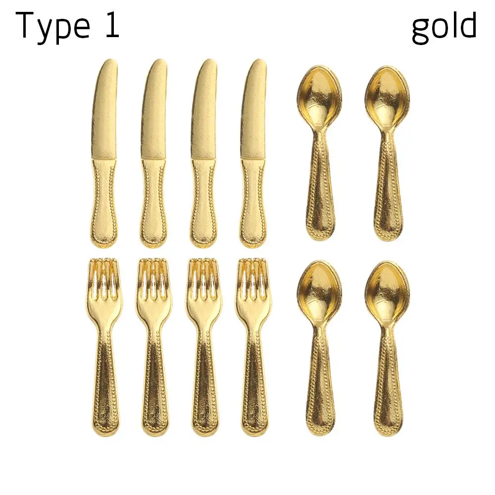 12PCS Gold Silver Dollhouse Furniture 1:12 Scale Simulation Mini Cutlery Fork Knife Spoon  Accessory Miniature Cookware