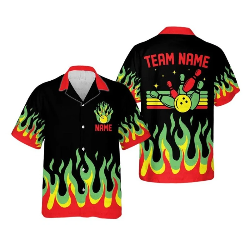 Flame Design Bowling Team Shirt Unisex Personality 3D Print Custom Name DIY Hawaii Shirts Loose Breathable Indoor Sports Shirts