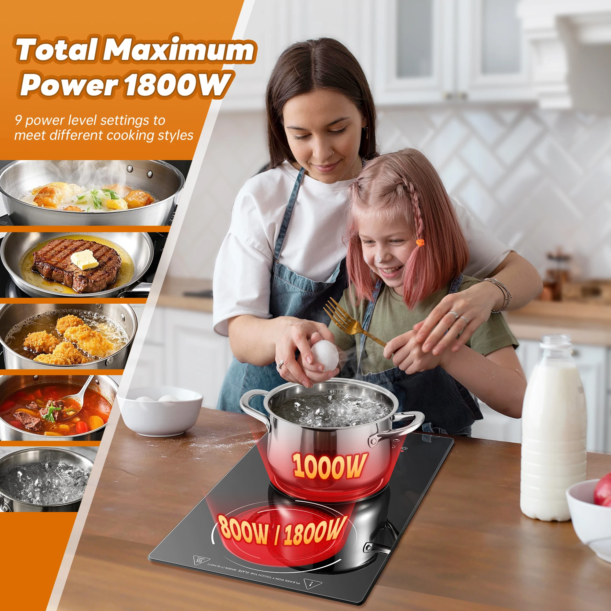 12" 2 Burner Electric Cooktop 1800W, 110V Plug-in, Dual-Ring, Touch Control, Child Lock view 2