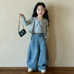 Girls Cardigan Vest Jeans 2025 Spring New Korean Fashion Solid Color Long Sleeve Cardigan Vest Casual Jeans