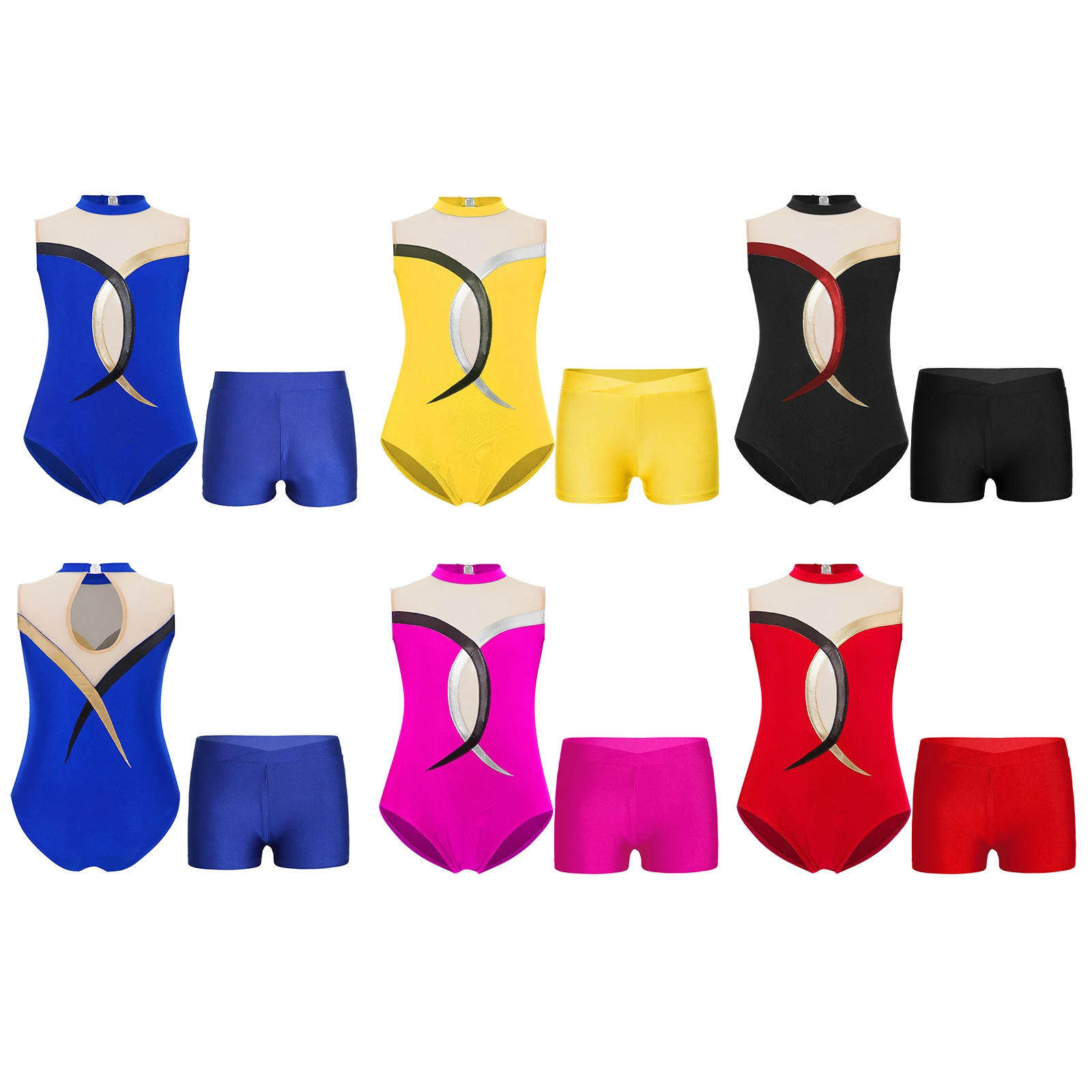 Kids Girls Gymnastics Dance Performance Costume Sleeveless Keyhole Back Sheer Mesh Patchwork Contrast Color Leotard with Shorts