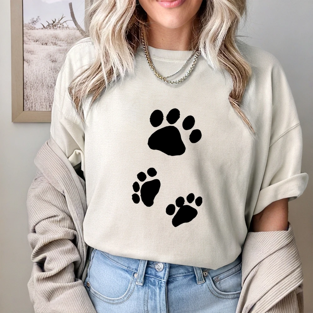 귀여운 발 인쇄 Tshirt 사랑스러운 애완 동물 영감 디자인 트렌디 캐주얼 루즈 반팔 편안한 단순 유행 천 탑