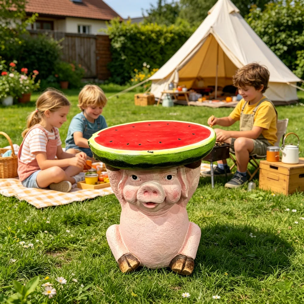 Cute Resin Pig Side Table, 13.39 Inch High 11.34 Inch Wide End Table with Watermelon Top, Multi‑Functional Plant Stand Animal Sculpture for Home & Garden Decoration