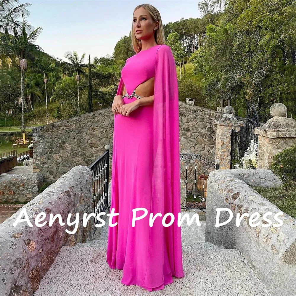 Aenryst Sexy Rose Red Long Cap Sleeves Mermaid Prom Dresses Chain Backless Evening Dress Floor Length Party Gowns فساتين سهره