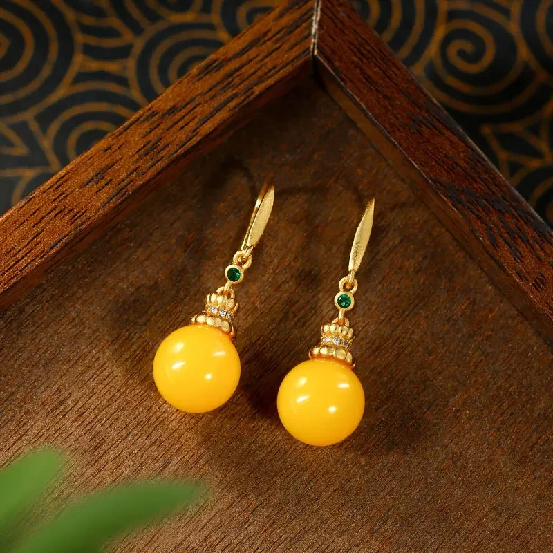 Earrings for Women Vintage Imitation Beeswax Amber Chinese Ear Hook Dangle Earrings Female Light Luxury Exquisite Jewelry Gift