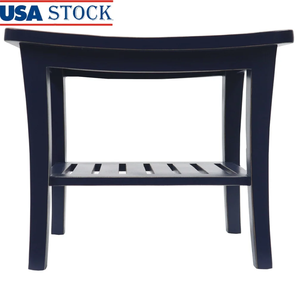 

Натуральная скамейка для хранения из тикового дерева, домашний и уличный акцентный декор, темно-синяя потертая отделка, легко чистится, прочный, для медитации, спа