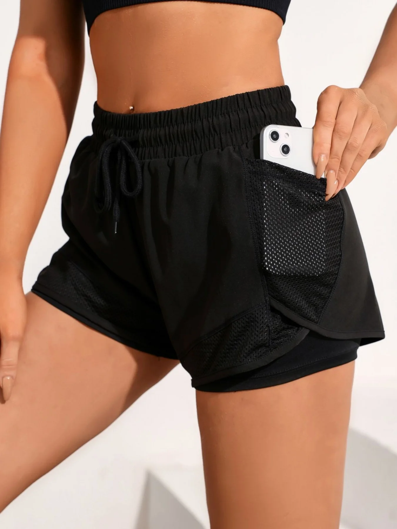 Women's 2 in 1 Running Shorts, High Waisted Quick Dry Athletic Workout Shorts with Mesh Pockets, Breathable Liner Gym Yoga Short
