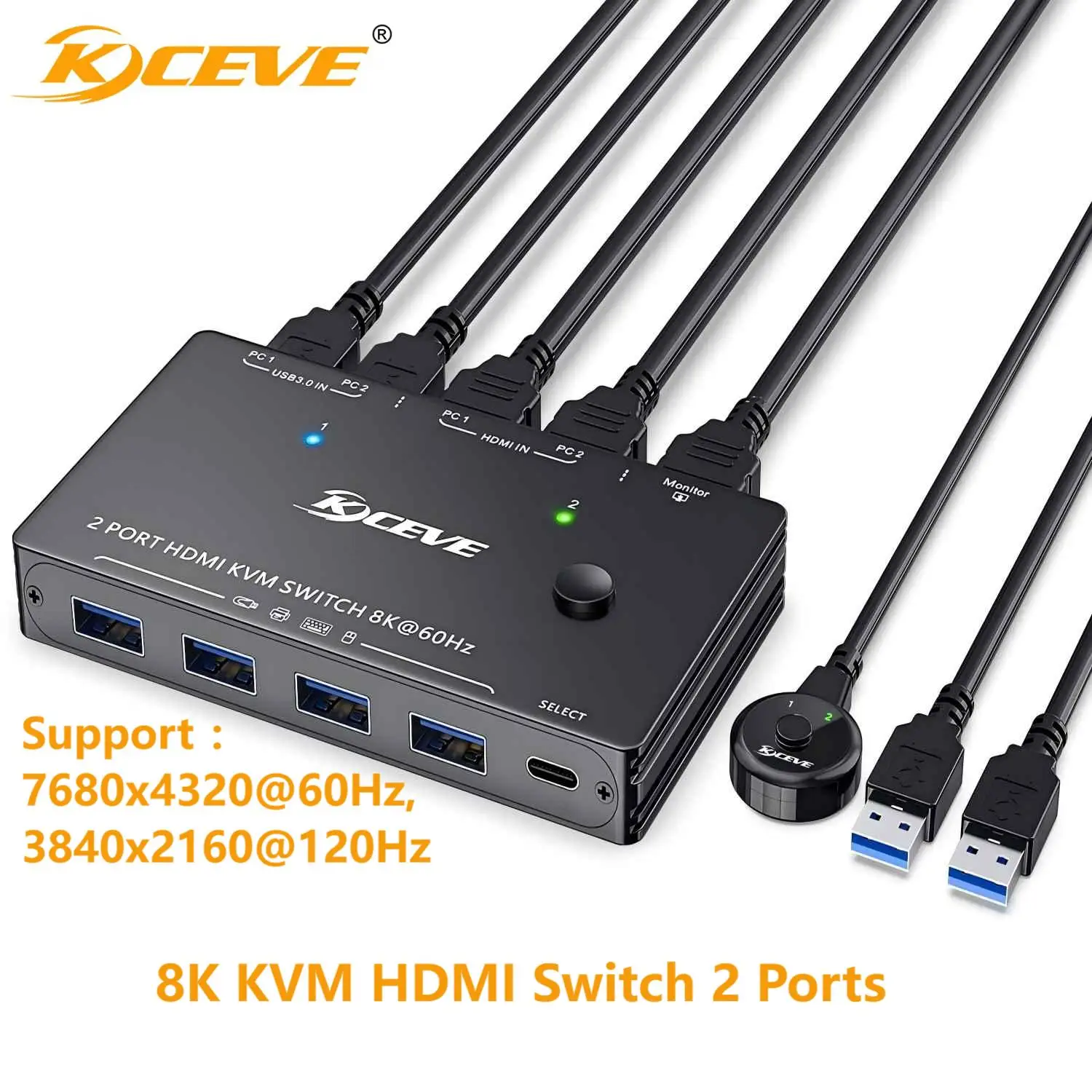 

8K KVM HDMI Switch 2 Ports, KCEVE USB 3.0 KVM Switcher Box,Support 8K@60Hz 4K@120Hz for 2 Computers Share Mouse Keyboard Monitor