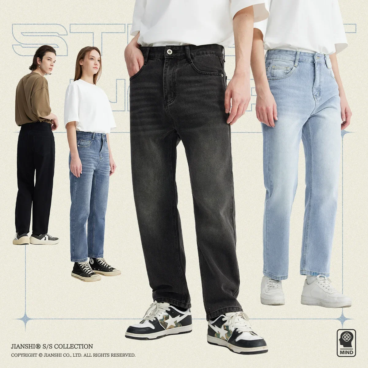 

BONXUY Hong Kong style retro classic versatile simple casual Slim nine jeans men washed old small straight casual pants